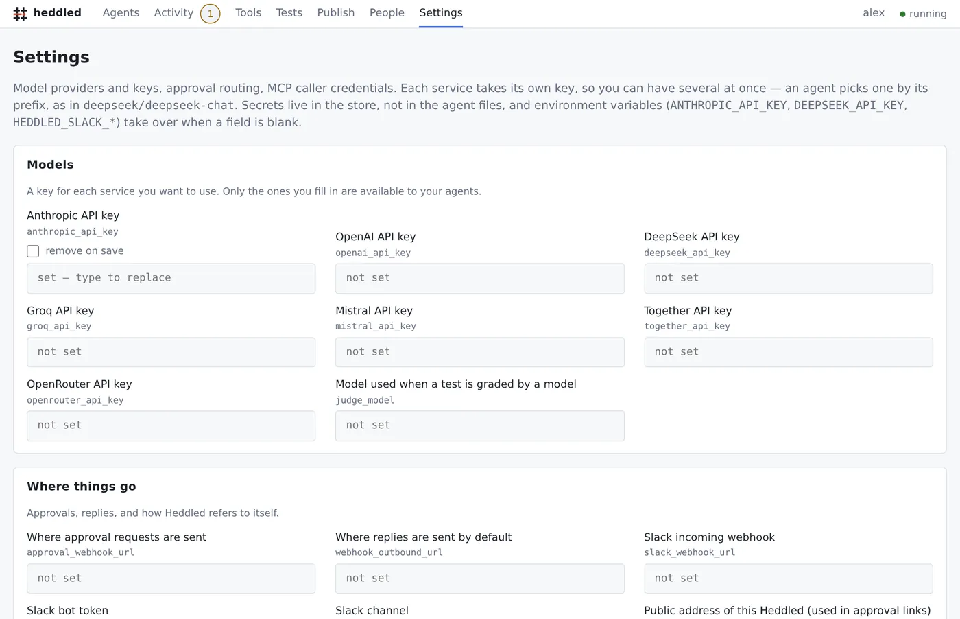 The Settings screen, grouped: models and their keys, where things
                    go, other systems, watching a mailbox, monitoring.