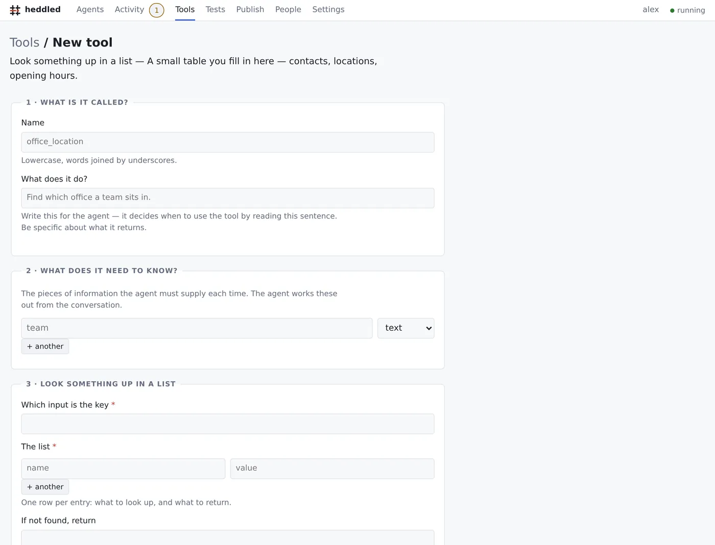 The form for a look-something-up action: name, description, what it
                    needs to know, and the data to search.