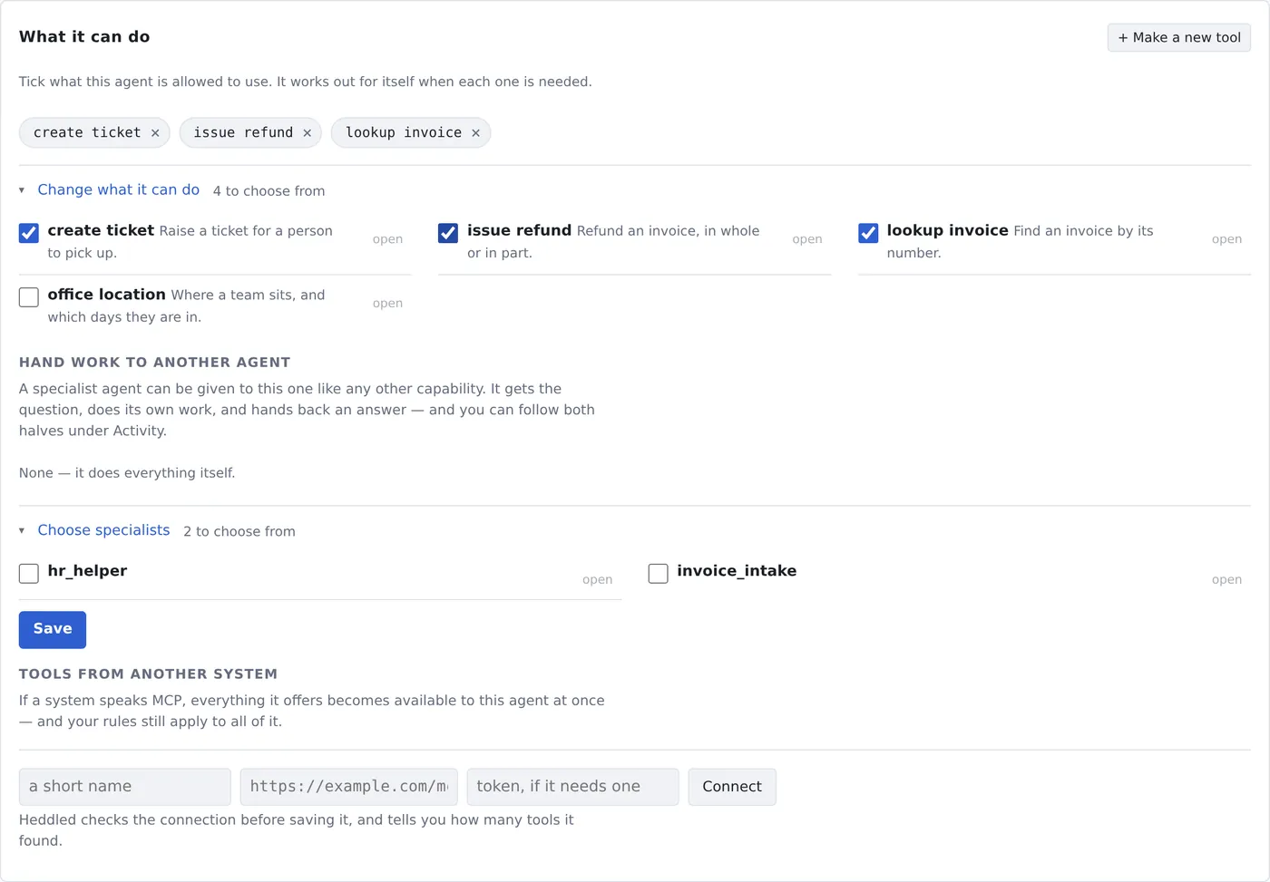 The what-it-can-do panel: chosen actions as removable labels above
                    a folded, searchable list of everything available.