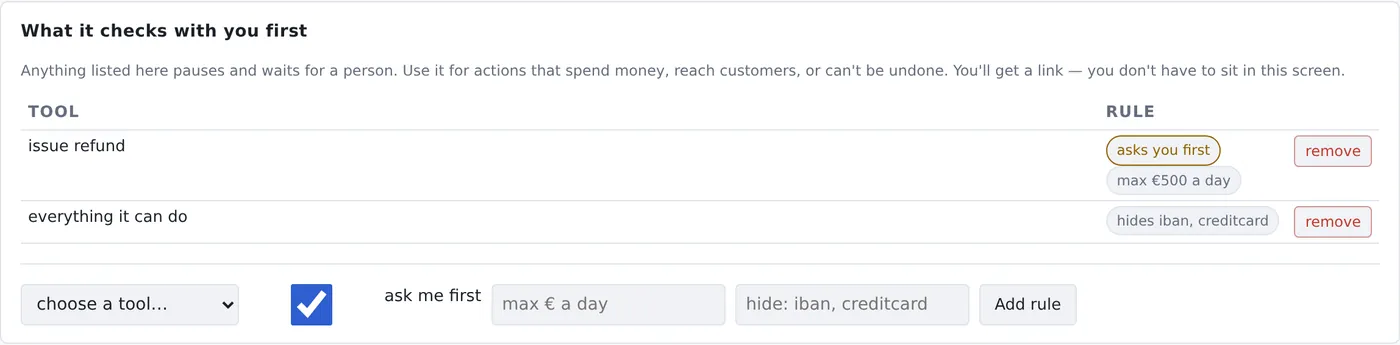 The approvals panel: existing rules listed, and a form to add one
                    with ask-me-first, a daily spend cap, and fields to hide.